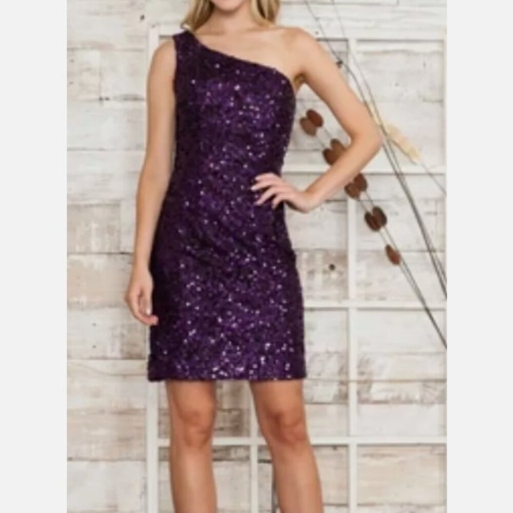 NWT Ed Young Short Sequin One Shoulder Body Con Dress Black XS